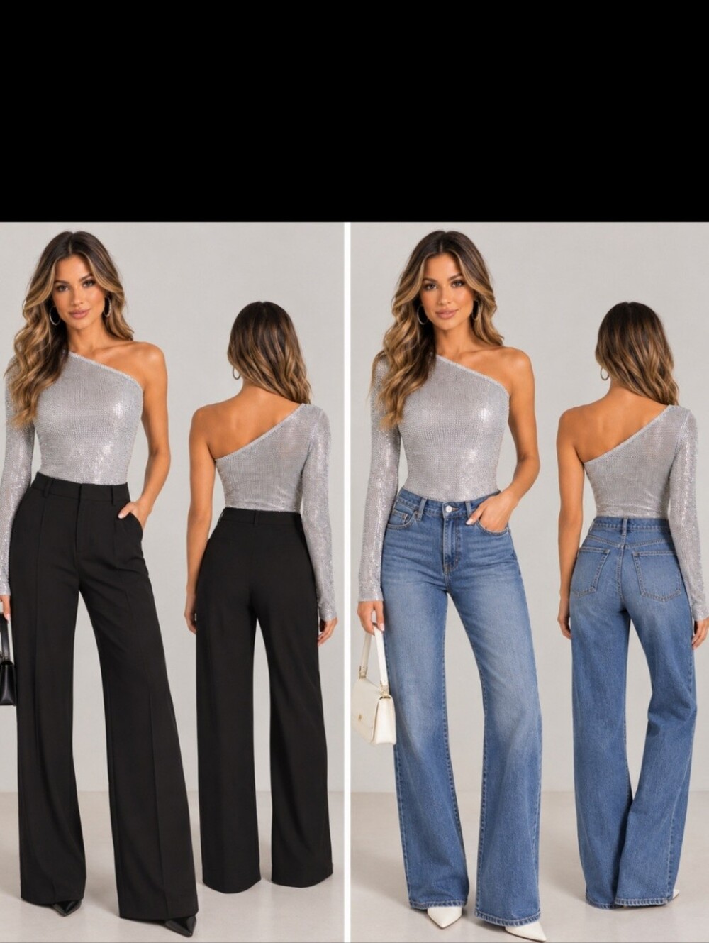Zara Silver One-Shoulder Rhinestone Long-Sleeve Bodysuit- Fits More Like MEDIUM
